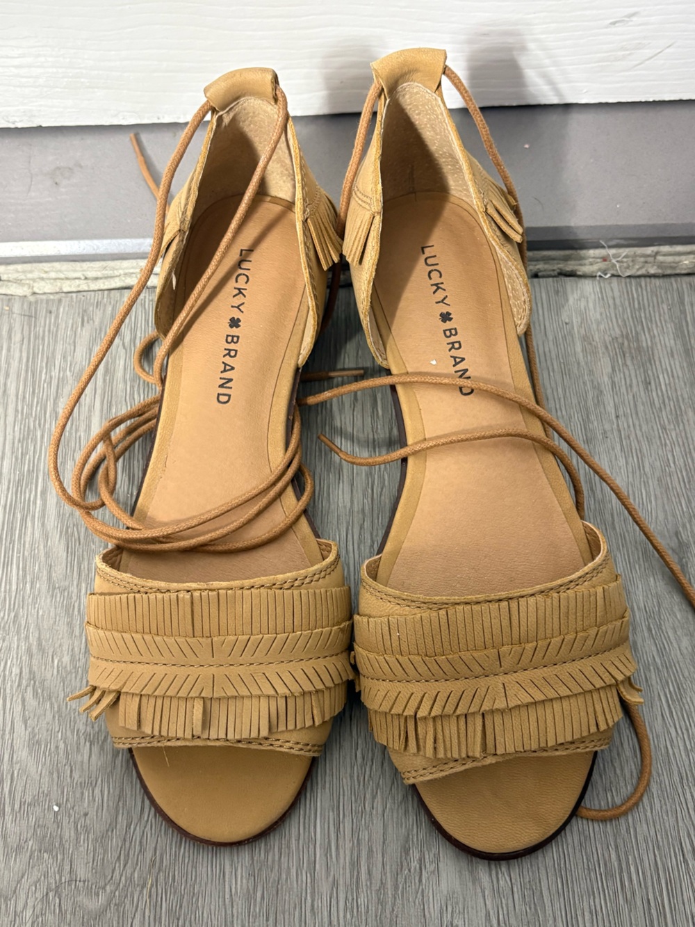 Lucky Brand Tan Fringe Lace-Up Gladiator Sandals